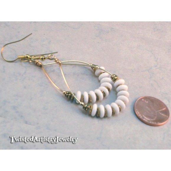 White Czech Glass Beaded Gold Teardrop Hoop Earrings One-of-a-Kind Handmade - Picture 3 of 3